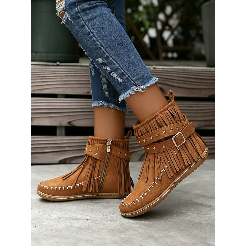 Fringe Moccasin Ankle Boots for Women