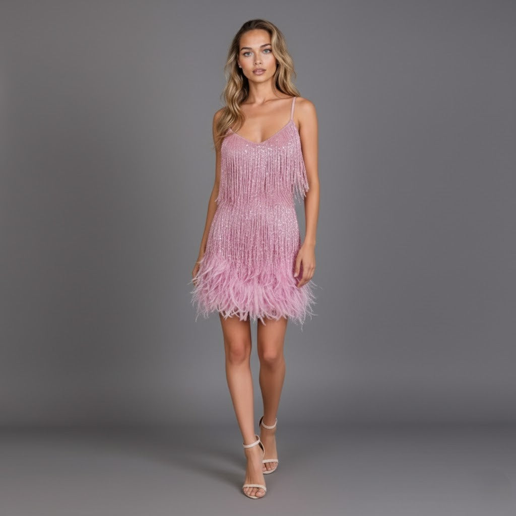 Fringe & Feather Party Dress for Women, Plus Size