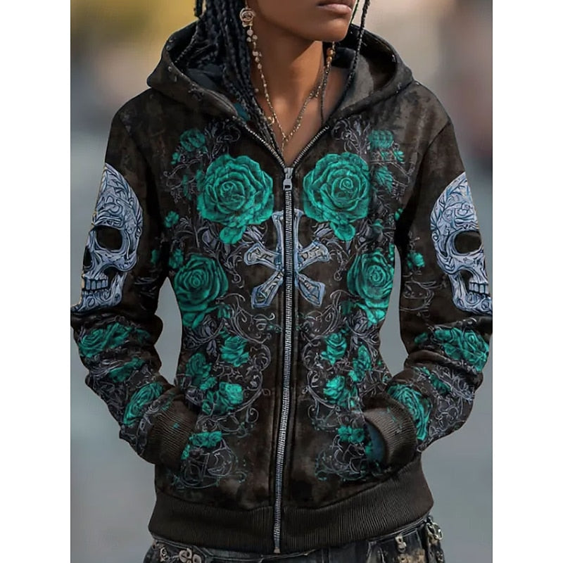 Skull & Rose Halloween Zip-Up Hoodie for Women