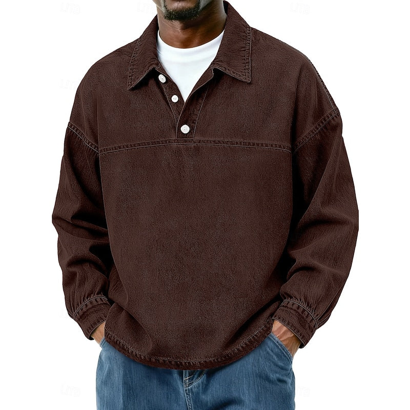 Washed Long Sleeve Polo Shirt for Men, Plus Size