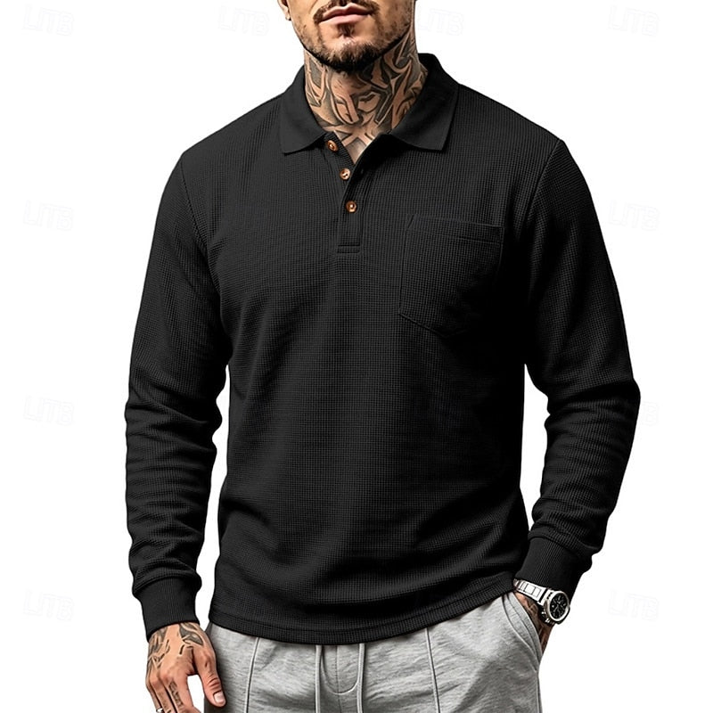 Textured Long-Sleeve Polo Shirt for Men, Plus Size