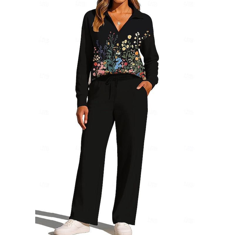 Floral Collared Two-Piece Set for Women, Plus Size