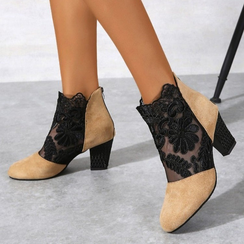 Lace-Accent Heeled Ankle Boots for Women