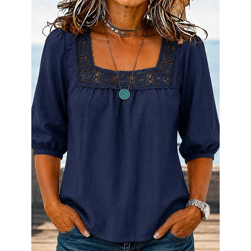 Lace-Trimmed Square Neck Blouse for Women, Plus Size