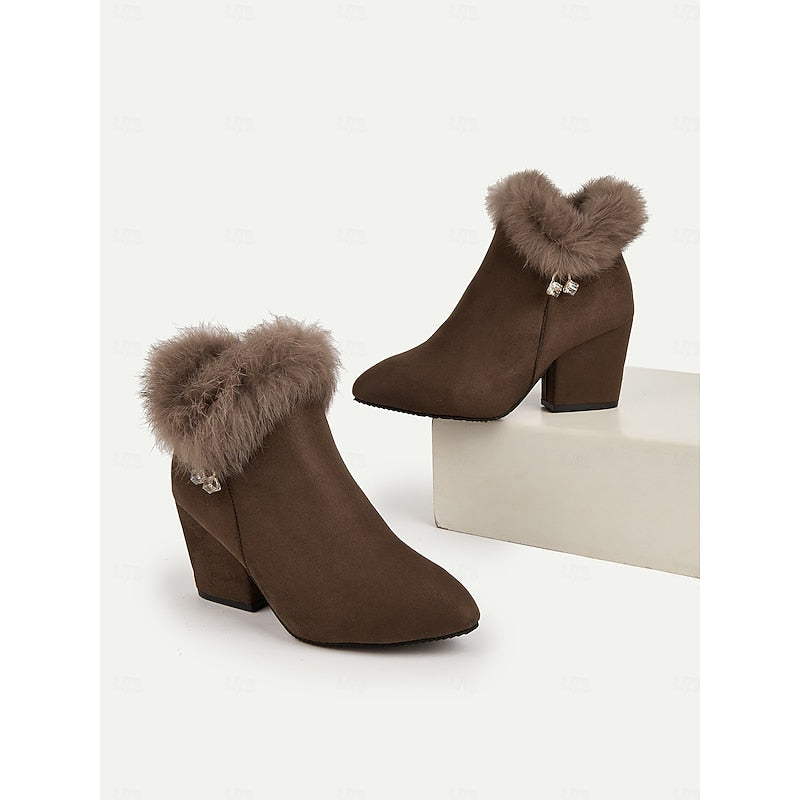 Fur-Trimmed Block Heel Ankle Boots for Women