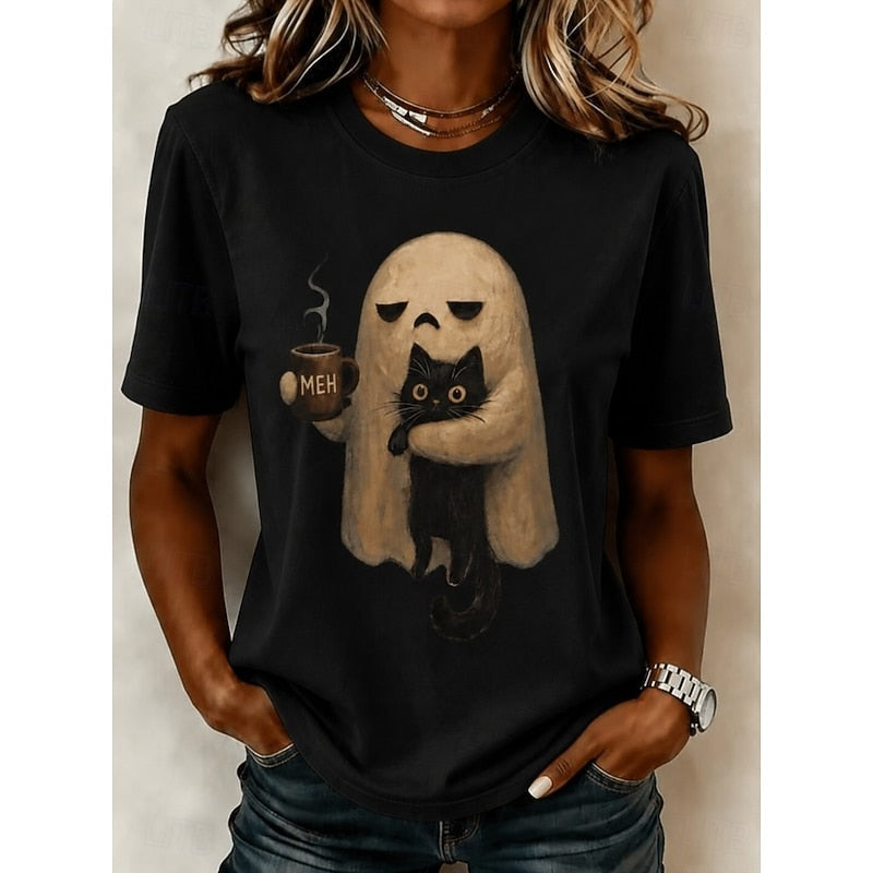 Ghost Cat Halloween Tee for Women, Plus Size