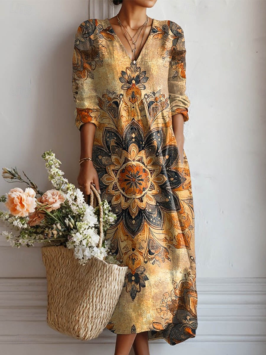 Vintage Floral V-Neck Dress for Women, Stylish Style