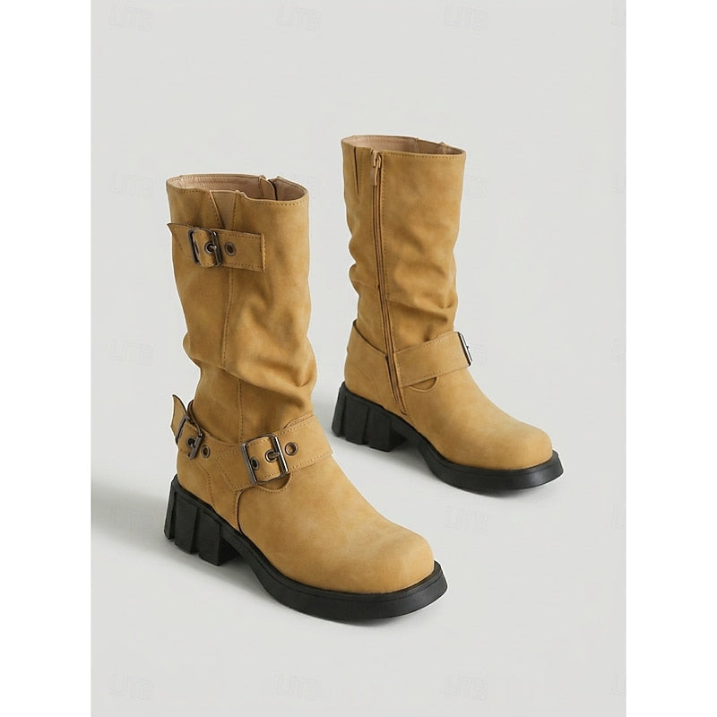 Ladies Buckle-Detail Mid-Calf Biker Boots