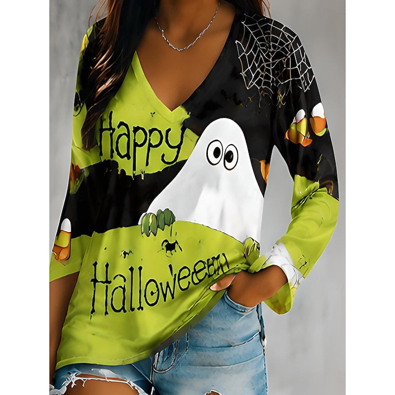 Halloween Graphic V-Neck Top for Women