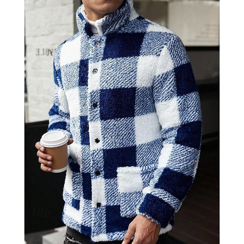 Checked Standing-Collar Jacket for Men, Plus Size