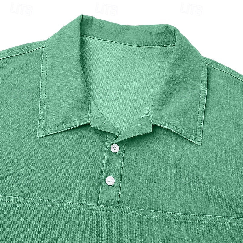 Washed Long Sleeve Polo Shirt for Men, Plus Size