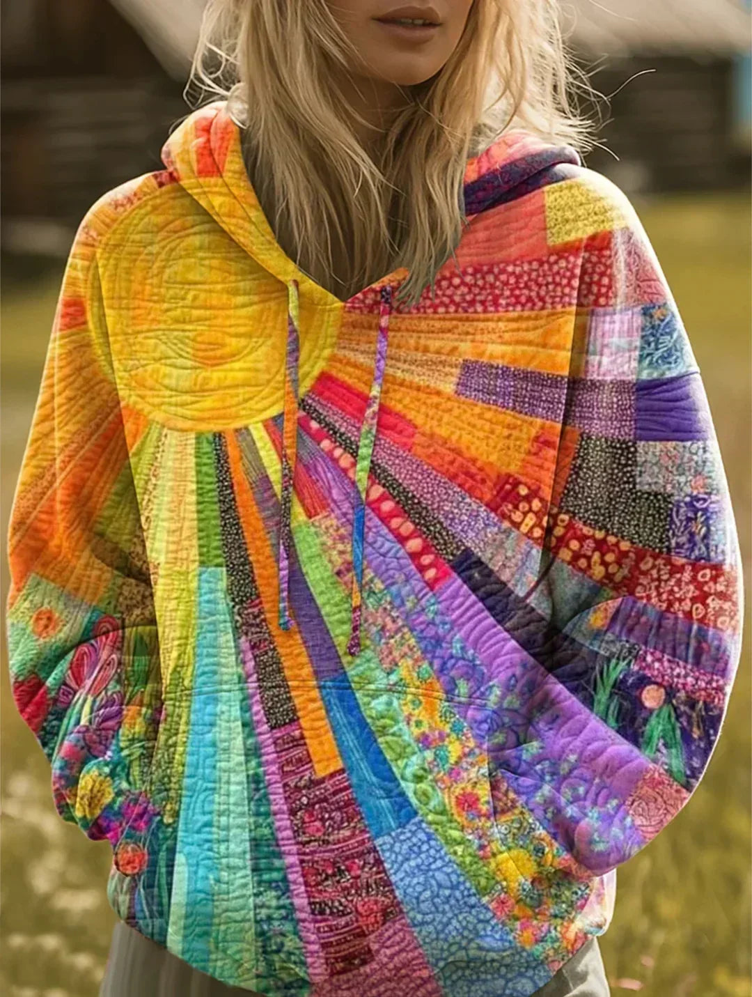 Rainbow Print Radiant Patchwork Bohemian Hoodie for Women