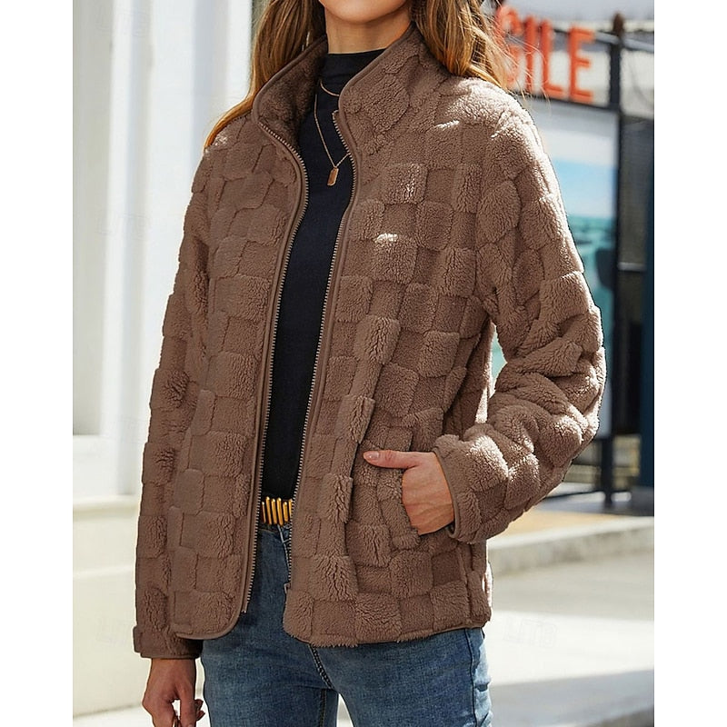 Textured Stand-Collar Zip Coat for Women