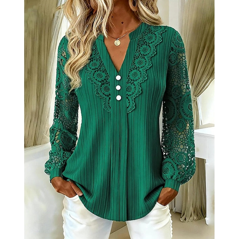 Lace-Trimmed Long Sleeve Blouse for Women