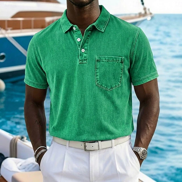 Vintage-Washed Polo Shirt for Men, Plus Size