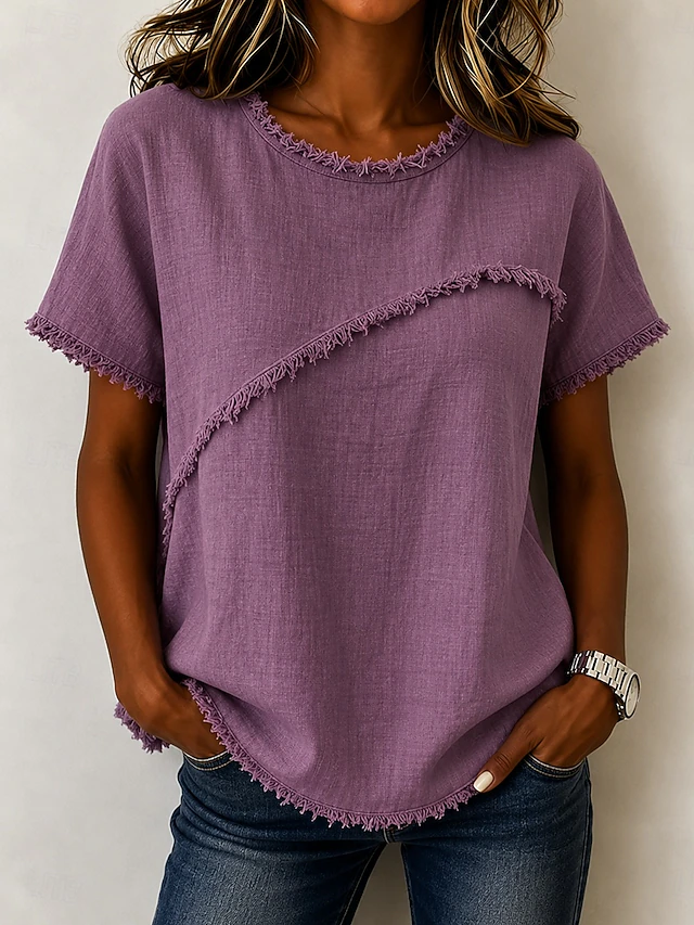 Frayed-Trim Round Neck Top for Women, Plus Size