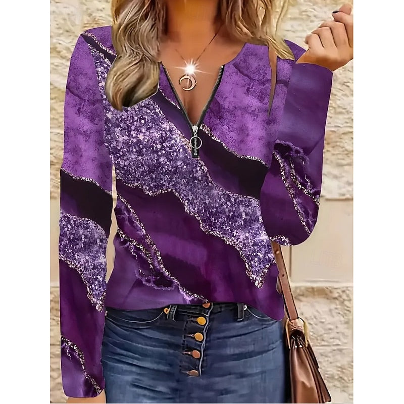 Floral Quarter-Zip Long Sleeve Top for Women