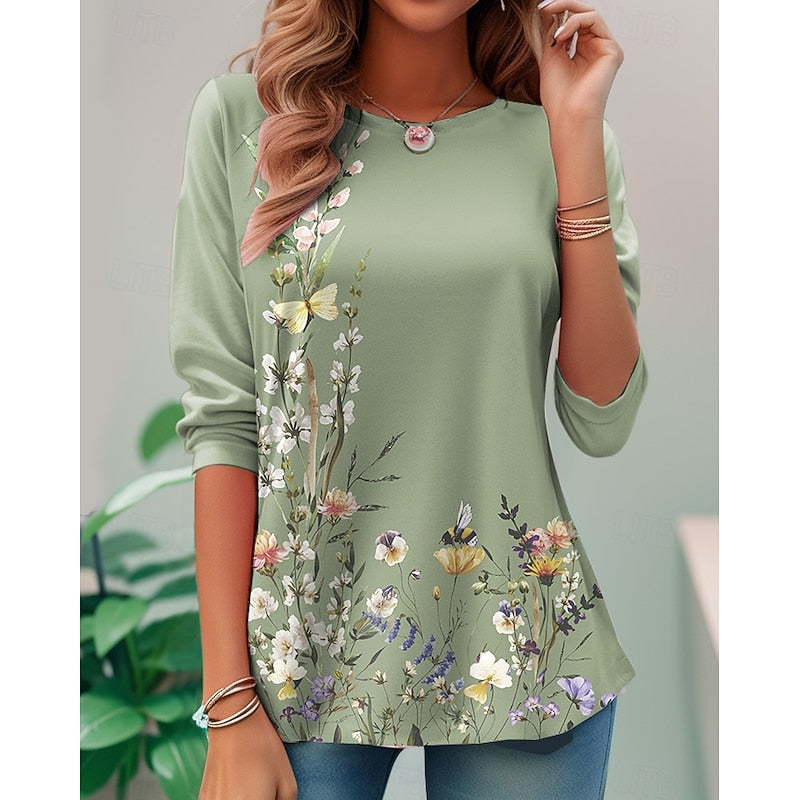 Floral Long-Sleeve Top for Women, Plus Size