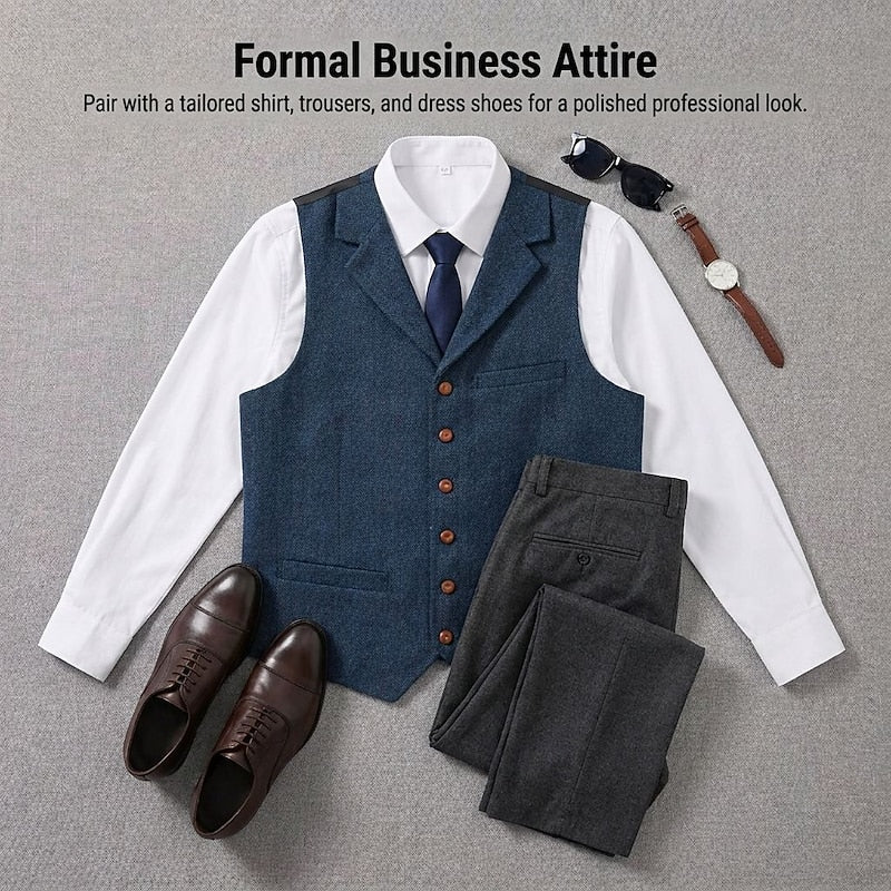 Plus Size Herringbone Tailored Waistcoat for Men