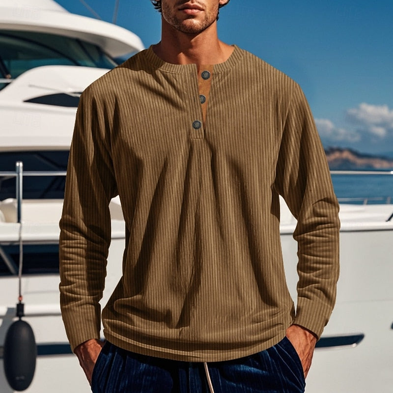 Ribbed Long Sleeve Henley Shirt for Men, Plus Size