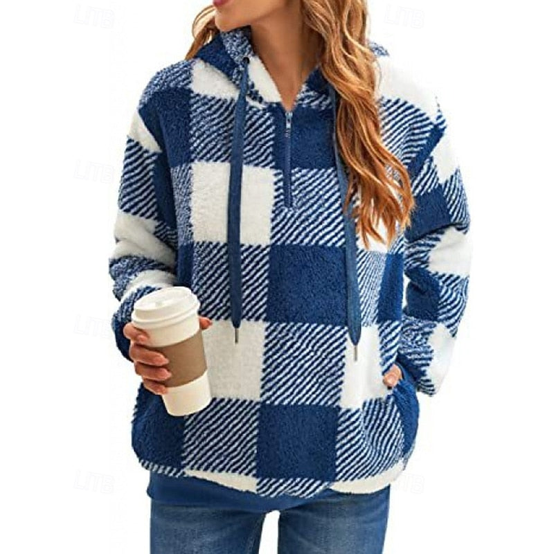Quarter-Zip Checkered Hoodie for Women, Cozy Style