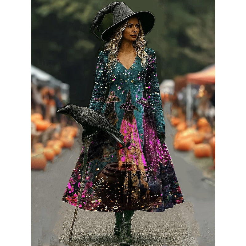 Halloween Witch Print A-Line Maxi Dress for Women