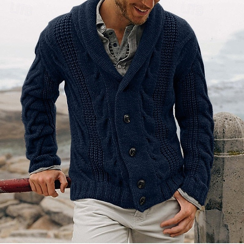 Cable-Knit Shawl Collar Cardigan for Men, Plus Size