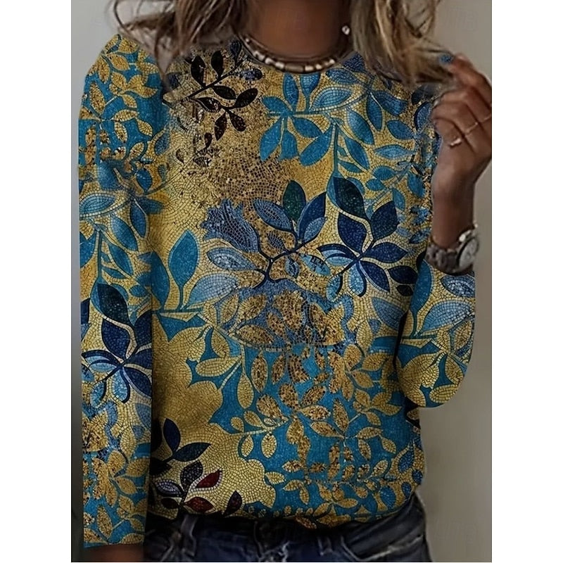 Botanical Print Long-Sleeve Top for Women, Plus Size
