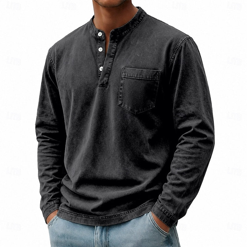 Washed Henley Shirt for Men, Vintage Style