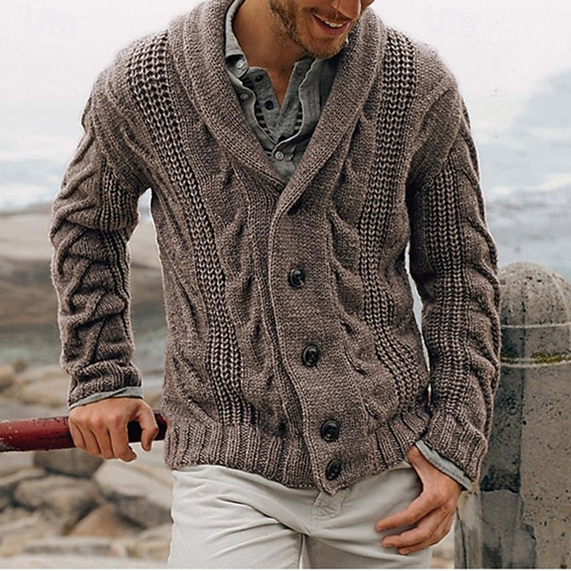 Cable-Knit Shawl Collar Cardigan for Men, Plus Size