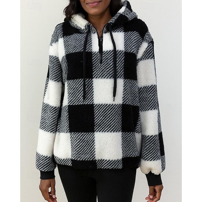 Quarter-Zip Checkered Hoodie for Women, Cozy Style