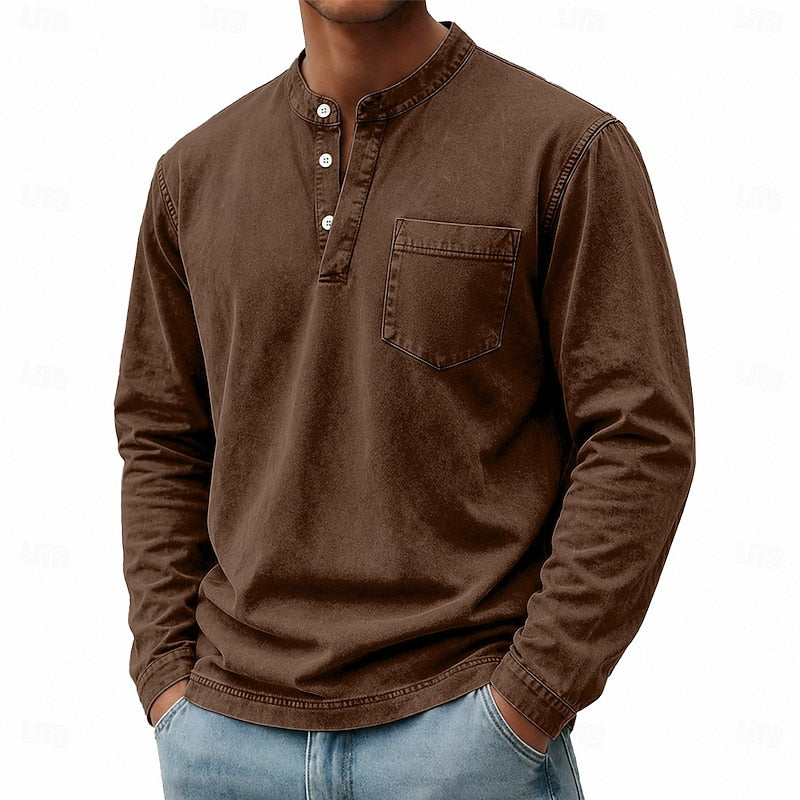 Washed Henley Shirt for Men, Vintage Style
