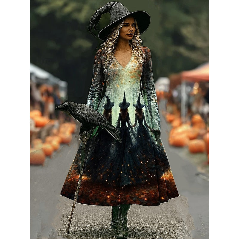 Halloween Witch Print A-Line Maxi Dress for Women