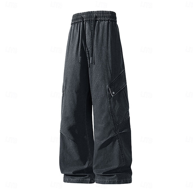 Black Relaxed Wide-Leg Cargo Pants for Men
