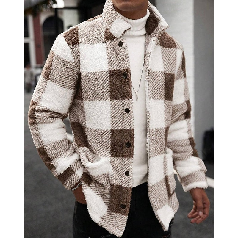 Checked Standing-Collar Jacket for Men, Plus Size