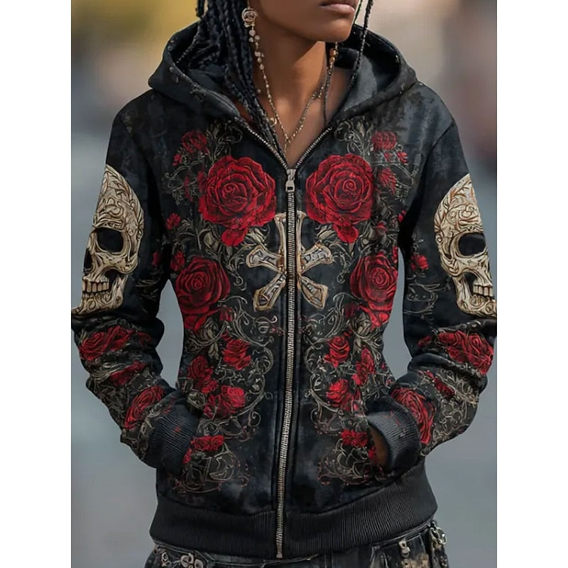 Skull & Rose Halloween Zip-Up Hoodie for Women