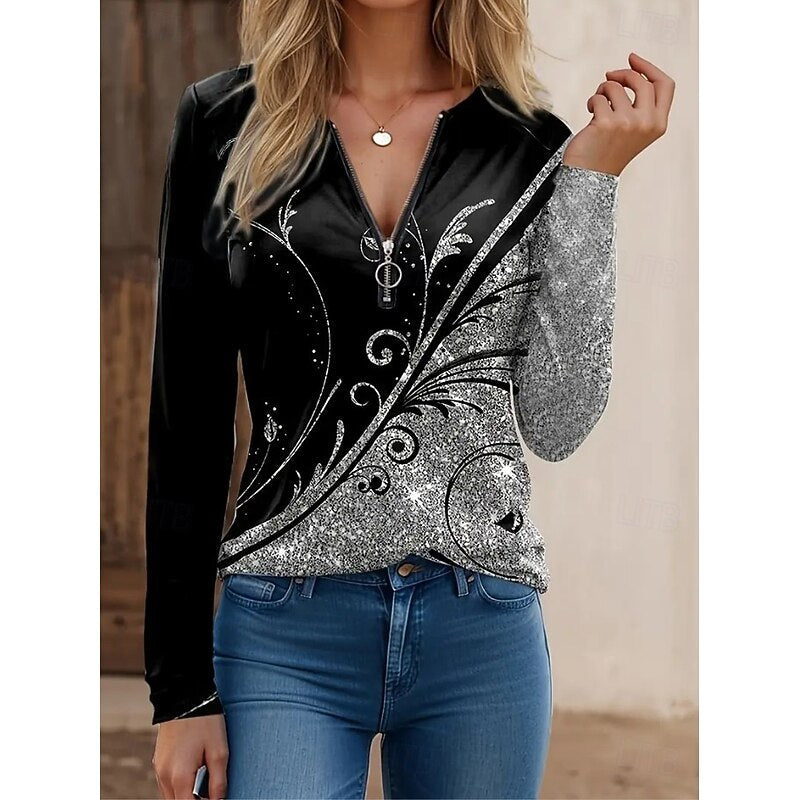 Floral Quarter-Zip Long Sleeve Top for Women