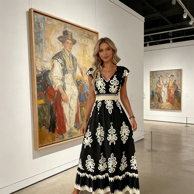 Baroque-Print V-Neck Maxi Dress for Women