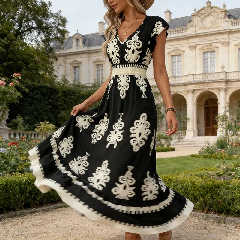 Baroque-Print V-Neck Maxi Dress for Women