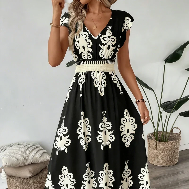 Baroque-Print V-Neck Maxi Dress for Women