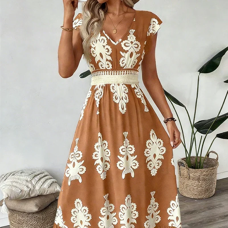 Baroque-Print V-Neck Maxi Dress for Women