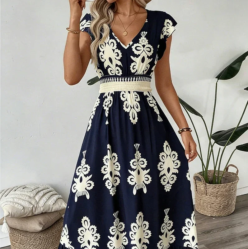 Baroque-Print V-Neck Maxi Dress for Women