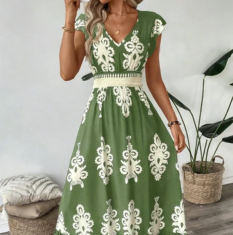 Baroque-Print V-Neck Maxi Dress for Women