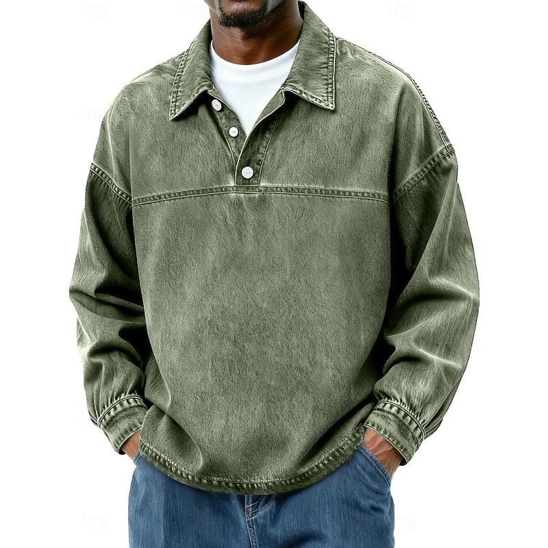 Washed Long Sleeve Polo Shirt for Men, Plus Size
