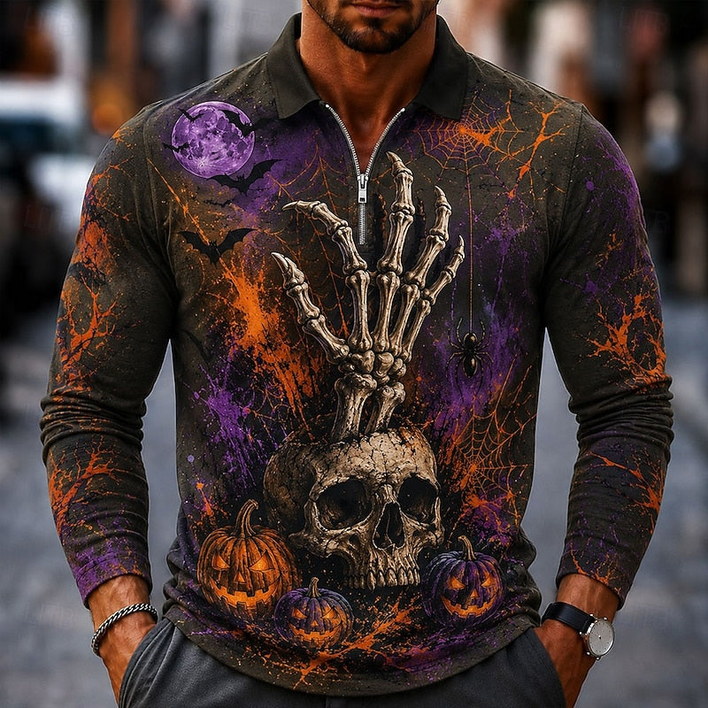 Halloween Zip Long-Sleeve Polo Shirt for Men
