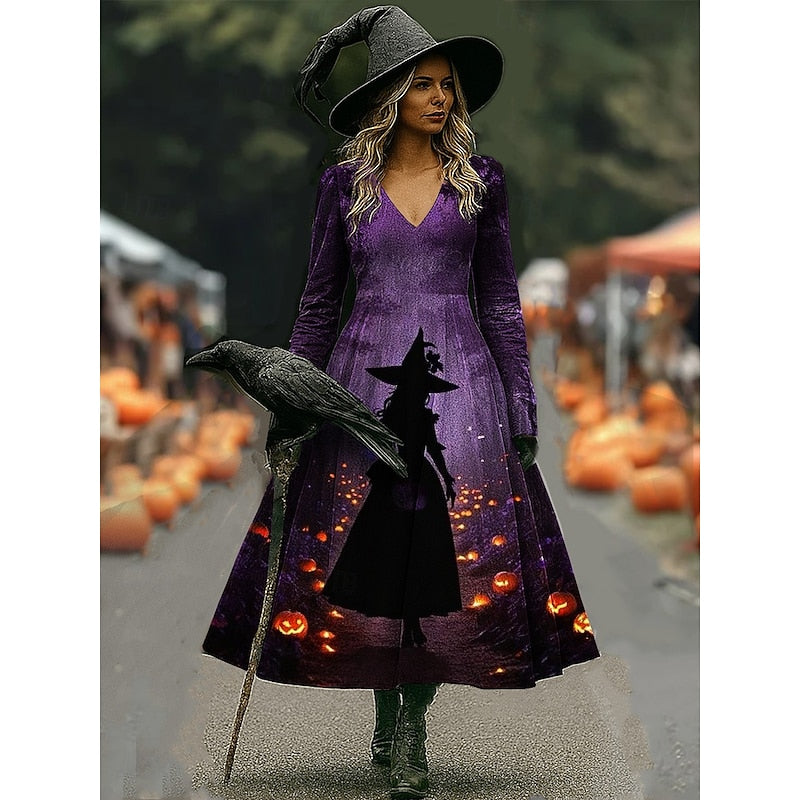 Halloween Witch Print A-Line Maxi Dress for Women