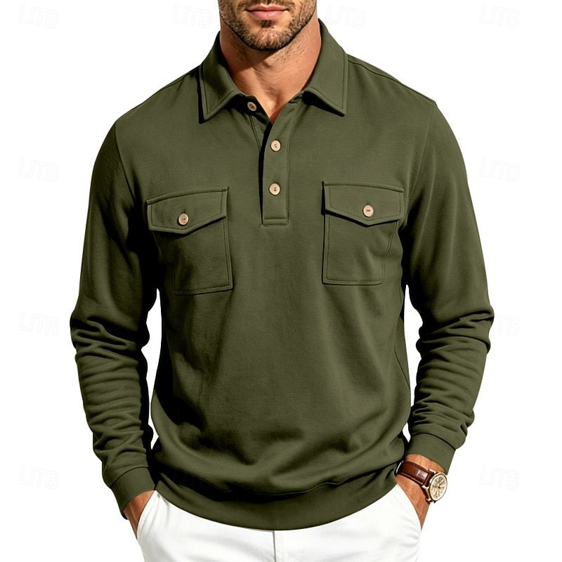 Refined Long-Sleeve Pocket Polo Shirt for Men