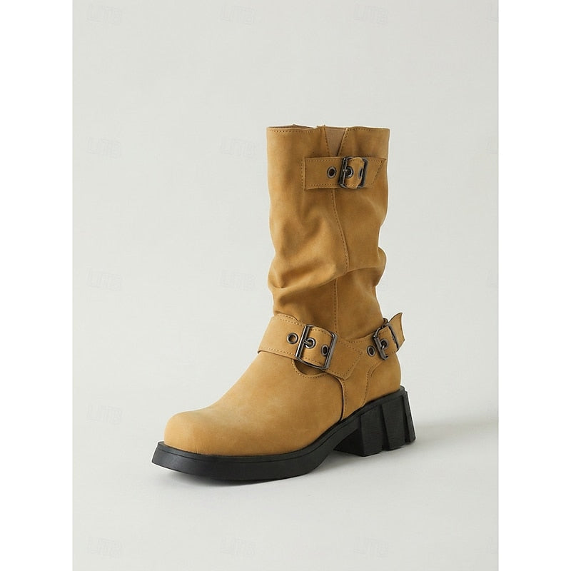 Ladies Buckle-Detail Mid-Calf Biker Boots