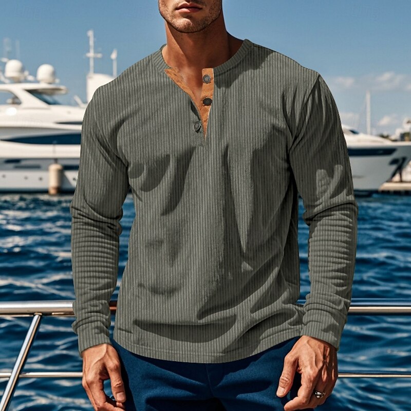 Ribbed Long Sleeve Henley Shirt for Men, Plus Size