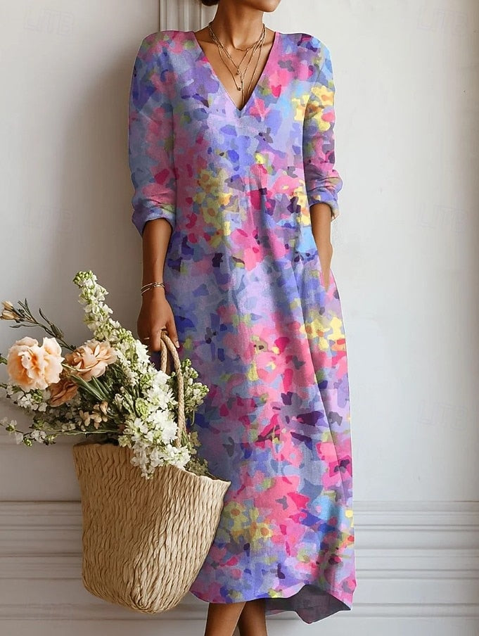 Purple Elegant Multicolor Long Sleeve Dress for Women